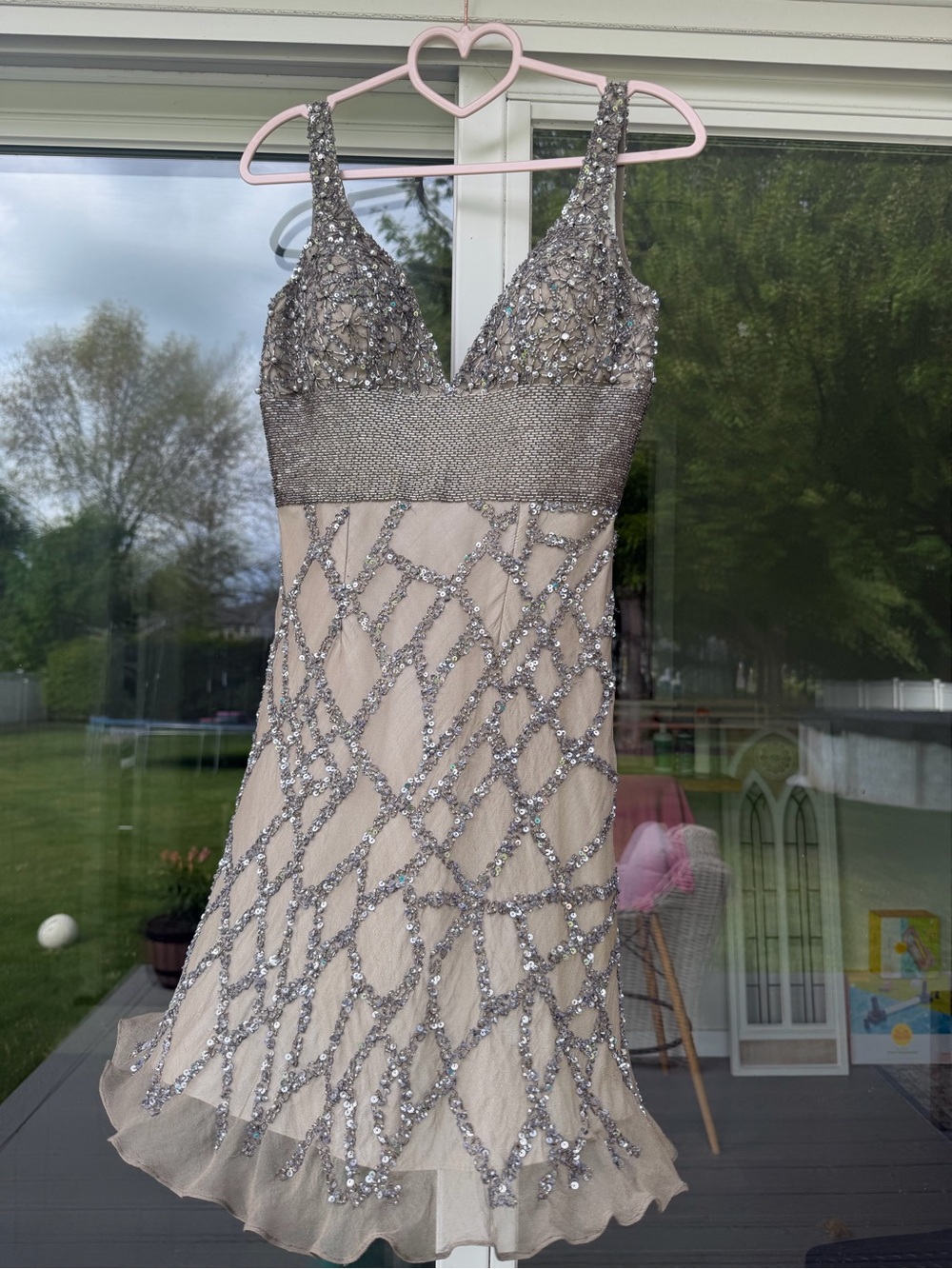 Scala Beaded Taupe Cocktail Dress with Sequin Detail 100% silk